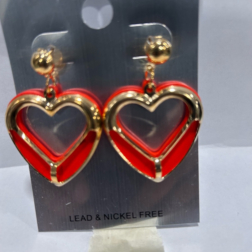 Gold and Red Heart Earrings